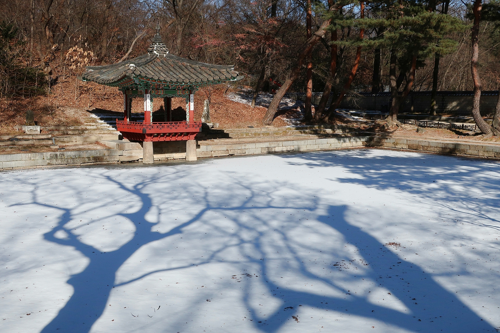 꽁꽁 언 연못 위로 잔설이 깔려 있고, 나무 그림자가 그 위에 드리웠다. 화면 위쪽에는 정자가 하나 서 있다.