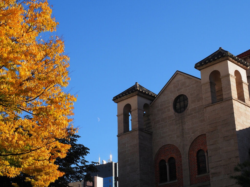 성공회 서울주교좌성당과 잎이 노랗게 물든 나무 뒤로 파란 하늘이 펼쳐져 있다. 그 사이에 낮달이 희미하게 보인다.